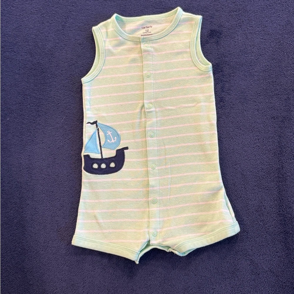 Carter's Green and White Striped Baby Romper with Boat